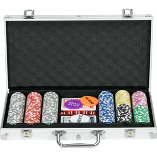 SPORTNOW Pokerkoffer Set, 300 Pokerchips 11,5 Gramm, Pokerset mit Schloss, 2 Pokerdecks, 5 Würfel, 1 Dealer Button, 1 Small Blind,1 Big Blind, Silber - Silber