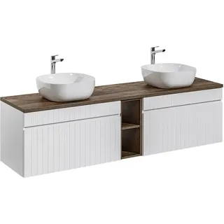 Doppelwaschtisch Unterschrank 180 cm IRAKLIO-56 in weiß matt mit Vintage Eiche Nb., B/H/T: ca. 180,4/63,5/46 cm - Weiß