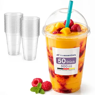 Inoverse Smoothie Becher 500 ml, 50 Stück, Bubble Tea Becher, Domdeckel | Transparentes R-PET, Plastikbecher, Slush Becher, Dessertbecher, für Milkshakes, Eiskaffee und Veranstaltungen