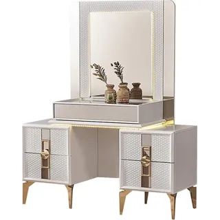 Weiß-Goldene Schminkkonsole Designer Frisierkommode Luxus Holz Möbel - Beige