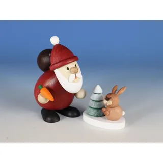 Ullrich Kunsthandwerk Weihnachtsfigur Weihnachtsmann mit Hase und verschneitem Baum Höhe 9cm NEU