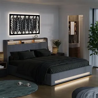 Vitalispa Polsterbett Christin, 180x200 mit LED und USB-Anschluss, Grau/Eiche - Grau, Braun