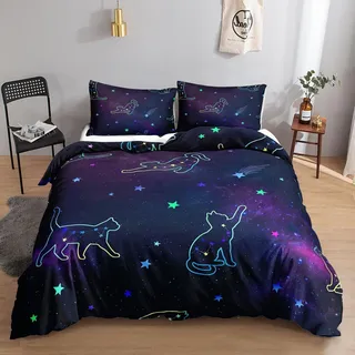Bettwäsche-Set Kinder Sternenhimmel Katze 200x200cm 2x 80x80cm Mikrofaser 3-teilig