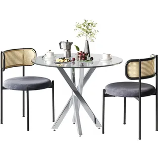 Urban Meuble Esszimmertisch SET Glasplatte & Metallbeine, Rattan-Rückenlehne, Grau/Silber , Grau , Glas, Metall, Textil , Rund , 80x75x80 cm , Esszimmer, Bänke, Tischgruppen & Eckbankgruppen