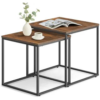 Couchtisch 2er Set Quadratisch Beistelltisch Loft Design 2in1 Verschachtelung kratzfeste Oberfläche, Wohnzimmer | Rustikal-Eiche mit schwarzen Beinen - Schwarz