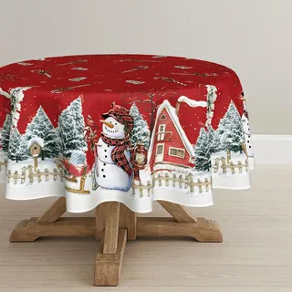 Artoid Mode Rot Haus Schnee Bäume Zaun Schneemann Weihnachten Tischdecke Rund 140 cm, Winter Fleckschutz Tischwäsche Küche Dekoration Party Dekor
