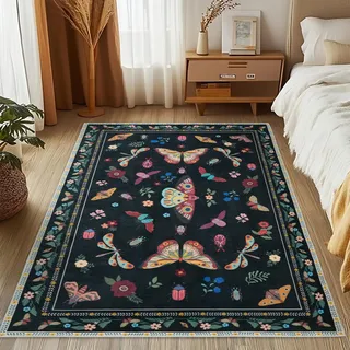 MOSISO 152 x 213cm Teppich für Wohnzimmer,rutschfest Vintage Schmetterling&Insekt Niederflur Teppich,Kunstwolle Rechteckig Waschbare Teppiche Für Wohnzimmer Schlafzimmer Esszimmer Zuhause,Schwarz