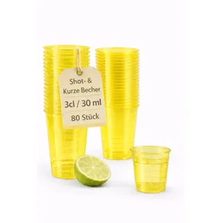 buxmed 80 Stück Shotbecher gelb 3 cl mit Skala – Schnapsgläser Plastik, Shotgläser, Pinnchen, Becher für Shots, BPA frei, stapelbar, Party Zubehör & Dosierbecher