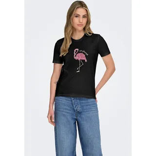 Kurzarmshirt ONLY "ONLKITA REG S/S PRINT TOP NOOS", Damen, Gr. S, schwarz print:flamingle, Jersey, Obermaterial: 100% Baumwolle, bedruckt, regular fit normal, Rundhals, Shirts Kurzarmshirt