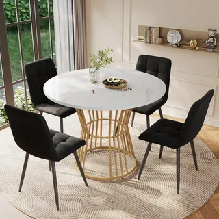 Esstisch in Marmor-Optik Weiß mit stabilem Metallrahmen golden, moderner Küchentisch für 2 Personen, Frühstückstisch im Loft-Design, 1 Stück - Weiß