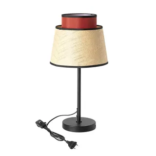 Alpinaluz Tischleuchte aus Metall und Rattan, Schwarze Tischlampe mit Doppeltem Lampenschirm in Natur und Rot, E27 Nachttischlampe für Schlafzimmer un