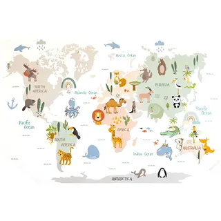 Kinderzimmer Weltkarte Wandaufkleber, Weltkarte Tiere Wandtattoo Weltkartes Kinderzimmer Wanddeko, Wandtattoo Kinderzimmer Wandsticker Weltkartes Tiere für Junge Mädchen Schlafzimmer Wanddeko