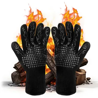 Grillhandschuhe Hitzebeständig 800°C, Feuerfeste Handschuhe, Hitzebeständige Handschuhe, Anti-Rutsch Kochhandschuhe Schwarz für Backofen Grill Kamin Küche