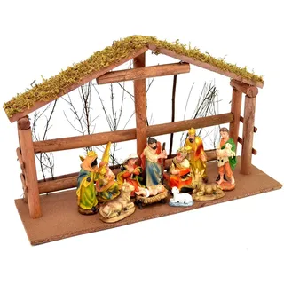SHATCHI 47 x 29 x 15 cm große stabile Krippe, traditionelle Holzkrippe und 12 große Figuren, Weihnachtsdekoration, Festliche Ausstellungshütte, Heimdekoration