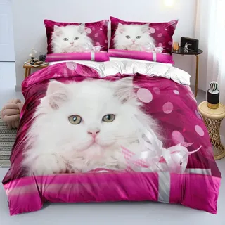 Bettwäsche 220x240 3-teilig Tiermotiv Chinchilla 3D Weiß Rosa Mikrofaser Doppelbett mit Reißverschluss 2 Kissenbezüge 80x80 cm - Weiß, Rosa