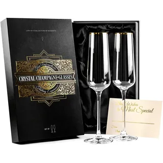 Champagnergläser mit Goldrand | 2er-Set | Kristall Flöte Sektgläser für Champagner, Sekt und Prosecco | Elegantes Glas mit langem Stiel für Braut und Bräutigam, Hochzeit, Jahrestag, Geburtstag