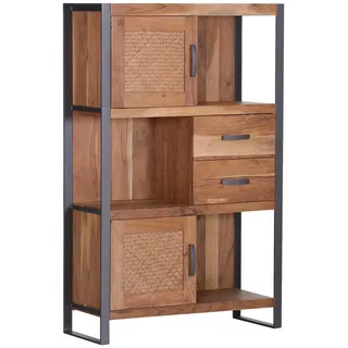 Carryhome Regal , Akaziefarben , Metall , Akazie, Rattan , massiv , 2 Schubladen , 90x140x42 cm , Beimöbel erhältlich , Wohnzimmer, Wohnwände, Wohnwand-Serien