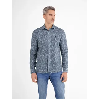 Langarmhemd LERROS "Langarmhemd mit Haifischkragen, floral bedruckt", Herren, Gr. L, Normalgrößen, blau (crispy blau), 55% Leinen, 45% Baumwolle, Hemden Langarmhemd