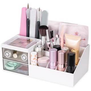 Kiperline Make Up Organizer, Kosmetik Organizer mit kleinen Schubladen, Weiß Schmink Aufbewahrung Pinsel für Schminktisch, Badezimmer, Büro Schreibtisch