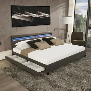 Home Deluxe LED Bett NUBE - Dunkelgrau, 200 x 200 cm - inkl. Lattenrost und Schubladen I Polsterbett Design Bett inkl. Beleuchtung - Dunkelgrau