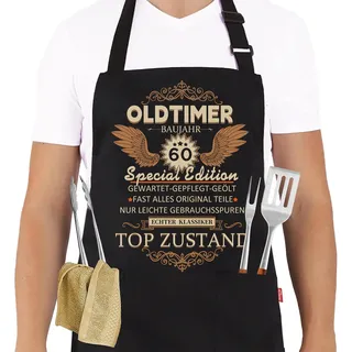 Grillschürze 60 Geburtstag Mann, Küchenschürze als Geschenk zum 60. Geburtstag, Schwarz Kochschürze Herren Verstellbare, Geschenkideen Geburtstagsgeschenk für Männer Lustig Grillen Barbecue BBQ