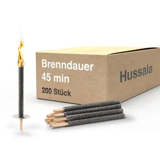 Hussala Diamond Wachsfackeln für draußen [200 Stück bis zu 45 min] mit langen Holzstab und Tropschutz - Premium Gartenfackel aus Diamond Wachs - Fackeln für Fackelwanderung