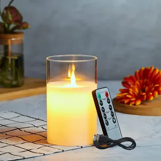 LED Kerzen, Wiederaufladbar LED Kerzen mit Glas, Halloween Kerzen, Led Kerzen mit Fernbedienung, Flammenlose Flackern Kerzen, Outdoor LED Kerzen mit Timer 15cm, USB Ladekabel Inbegriffen--Weiß
