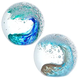 INTERWARM 2 Stück Mundgeblasene Glaskugel In Form Einer Ozeanwelle Blaue Meereswellen Kristallfigur Briefbeschwerer Kugelförmiges Kristallkunstwerk Für Zuhause Büro Nautische Dekoration
