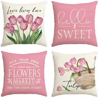 Artoid Mode Tulpen Tulips Korb Hello Sweet Frühling Kissenbezüge 4er Set, 45x45 cm Sommer Frühling Zierkissenbezug Couch Wohnzimmer Deko