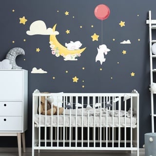 Wandsticker Kinder Dekoration Babyzimmer Wandtattoo Kinderzimmer Wandsticker Kinderzimmer Wandsticker Hasen Freunde Sterne Mond H90 x 60 cm