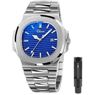 Tiong Silberblaue unregelmäßige quadratische achteckige Design-Herrengeschäftsuhr, Herren Edelstahl wasserdichte leuchtende Quarzuhr für Männer