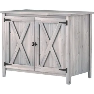 Gartenschrank Holz, Geräteschuppen wetterfest 110x60x88,5cm, Gerätehaus mit Tür, Faltdach, Ablagen, Geräteschrank, Gartenhaus Werkzeugschrank Gartenschuppen für Terrasse Hinterhof, Hellgrau |