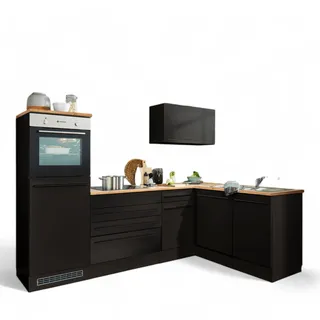 Jazz 6 Moderne Eckküche ohne Elektrogeräte in Schwarz matt, Lanzelot Eiche Optik - Geräumige Küchenzeile in L-Form mit viel Stauraum - 260 x 200 x 60 cm (B/H/T)