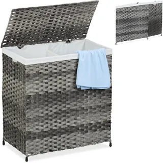 Relaxdays Wäschekorb mit Deckel, Rattan-Optik, Wäschesack 110 L, HBT: 60x58x34 cm, Wäschesortierer 2 Fächer, grau/beige