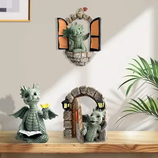 cersaty 3 STK Hof-Drachenskulptur, Harz Drachen Figuren Gartendrachen für Dekoration von Innenhöfen,Gärten,Rasenflächen,Terrassen,Balkonen Drachen Deko