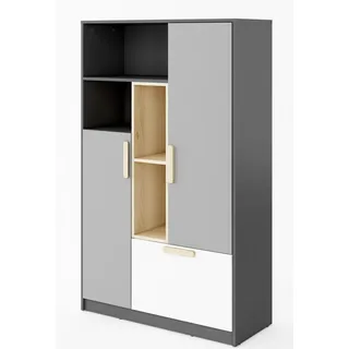 Furniture24 Schrank POK P05, Mehrzweckschrank, Kommode, Highboard mit 2 Türen und 1 Schubkasten1, für Jugendzimmer und Kinderzimmer - Schwarz