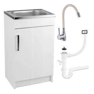 Stamar | Küchenschrank - Weiß - Spüle - 50 x 40 cm - Beige Flexible Armatur - mit Siphon - Weiß