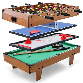 FANTASK 4 in 1 Spieltisch, Multifunktionstisch mit Rutschfestem Griff, Tischkicker & Billard & Air Hockey & Tischtennis, Tischfußball aus Holz für Spielzimmer, Bars, Tischkicker für Kinder, Erwachsene