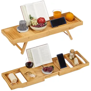 Relaxdays Badewannenablage , Holz, Textil, Metall , 114x18x25 cm , Badezimmer, Baden & Duschen, Duschregale & Duschablagen