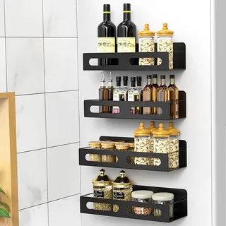KEBMCHN 4 Stück Magnetisches Gewürzregal für Kühlschrank, Magnetisches Regal,Kühlschrank Magnet Organizer, Duschablage Ohne Bohren, Tassen Regal, Gewürzregal zur Wandmontage(Schwarz)