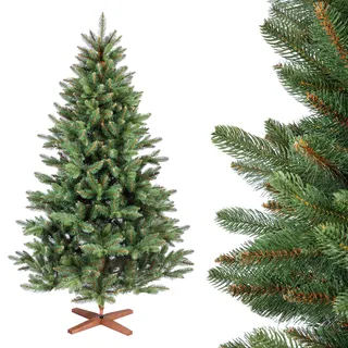 FAIRYTREES Weihnachtsbaum künstlich, Nordmanntanne Premium 220 cm, Naturgetreue Spritzguss Elemente,  EU, Künstlicher Weihnachtsbaum mit handgefertigtem Ständer aus Eschenholz - Grün