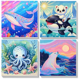 Bowetile 4 Stück Delfin Malen Nach Zahlen Kinder mit Rahmen, Tiere Zahlenmalerei Kinder mit Rahmen ab 4-12, DIY Gemäide Bastelset auf Leinwand mit Pinseln und Acrylpigment für Home Décor 20x20cm