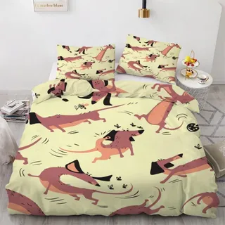 Bettwäsche-Set Dackel 220x240 cm 3-teilig Mikrofaser Cartoon 3D Wendebettwäsche mit Reißverschluss