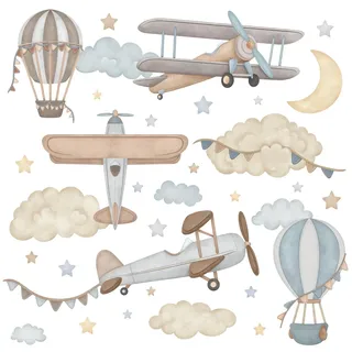 Wally Fox - Wandtattoo Kinderzimmer - Kinderzimmer Deko - Wandtattoo Kinderzimmer Jungen, Mädchen - Flugzeuge, Luftballons, Sterne, Wolken, Blau - XL - 34stk