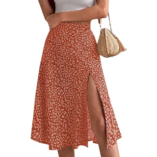 RMBLYfeiye Rock Damen Sommer Lang Vintage Blumenmuster Boho Blümchen Mit Schlitz A-Linien Blumenrock Geblümt Hoher Taille