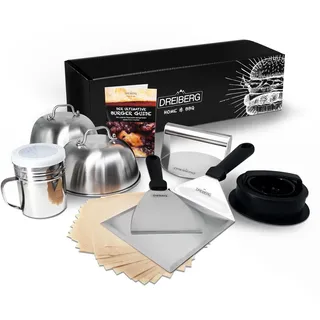 DREIBERG® Burger Set aus Edelstahl inkl. Grillspachtel Set, Schmelzglocken, Burgerpresse, Smasher, Gewürzstreuer, Rezeptbuch & Backpapier (9- TLG)
