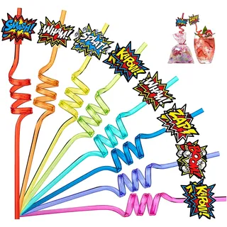 16 Stück Superhelden Geburtstag Deko, Superhelden Mitgebsel Kindergeburtstag,Wiederverwendbare Trinkschleife Strohhalme,Give Aways Kindergeburtstag.