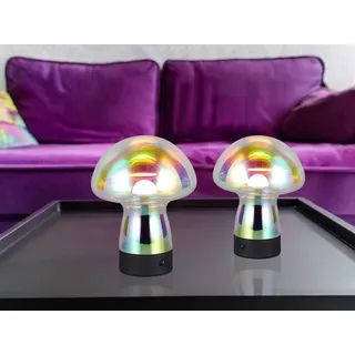2er SET kleine kabellose Akku Tischlampen aus Glas bunt, Pilzlampe Höhe 18cm