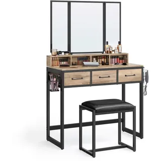 VASAGLE Boxxx Schminktisch , Schwarz, Eichefarben , Metall, Glas, Holzwerkstoff , Vintage , 3 Schublade(n) Schubladen , rechteckig , eckig, Flachrohr , 40x141x90 cm , Schlafzimmer, Schminktische