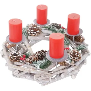 MCW Adventskranz Rund Holz Kerzen ROT Weiß, Rot , Holz , 11 cm , Dekoration, Weihnachtsdekoration, Adventskränze